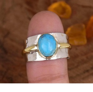 Mohave <b>Turquoise</b> <b>Ring</b> 925 Sterling Silver Handmade Oval Gemstone Wide Two Tone Hammered Statement <b>Ring</b> for Women - Product Image 3