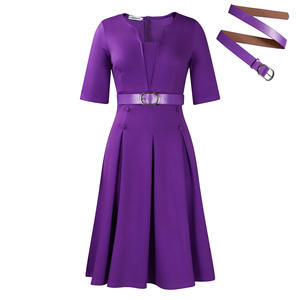 Robe midi élégante pour femmes à manches courtes, avec ceinture, respirante, tissée, taille naturelle, couleur unie, style A, pour le bureau, le quotidien - Product Image 6