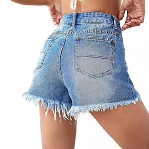 Cotton Women's High Waisted <b>Rolled</b> Hem Distressed Jeans Ripped Denim Shorts Made in Pakistan Denim Shorts - Product Image 3