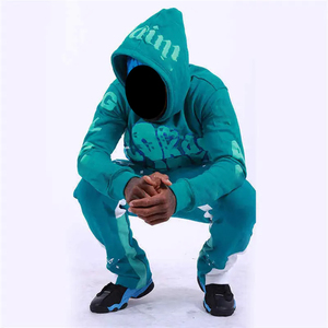 Ensemble de survêtement 2 pièces pour homme avec logo personnalisé imprimé en relief, pantalon de survêtement évasé et sweat à capuche, style streetwear - Product Image 4