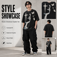 T-shirt en coton lavé pour homme, coupe ample, col rond, épaules tombantes, imprimé graphique artistique visage et papillon, style Hip Hop High Street