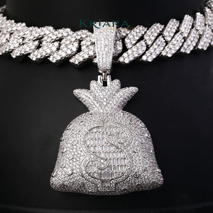 Pendentif Sac à Monnaie avec Pierres Moissanite, Argent 925 Rhodié et Plaqué Or 14K, Style Hip Hop, Breloque Unisexe - Product Image 1
