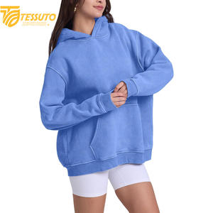 Vente en gros de sweats à capuche de haute qualité, couleur unie, avec impression de logo sur mesure, 100% coton, courts pour femmes - Product Image 4