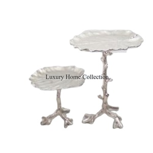 Ensemble de 2 tables centrales et d'appoint en aluminium poli et poli pour la chambre à coucher, design de feuille couleur argent - Product Image 1