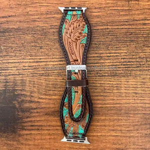 Boho Western Hand Painted Turquoise <b>Tooled</b> Leather Smart <b>Watch</b> <b>Straps</b> Stylish Phone <b>Watch</b> Band Real Genuine Leather <b>Straps</b> - Product Image 3
