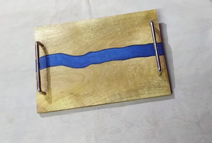 Elegante bandeja de servicio de madera de acacia hecha a mano mango de Metal de resina transparente regalo de cocina decorativo único para té comida rápida boda - Product Image 5