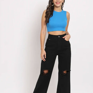 Women's Blue Crop <b>Top</b> Crew Neck <b>Sleeveless</b> <b>Knitted</b> Solid Color Regular Fit High Street Breathable Spandex Cotton Spring Summer - Product Image 3