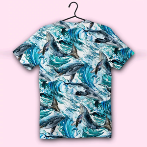 Camiseta de cuello redondo de diseño personalizado, estampado de ballena jorobada sublimada de algodón 100% para fiestas de naturaleza oceánica - Product Image 4