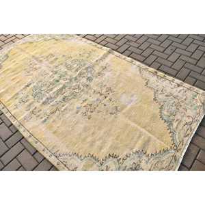 Vintage Turkish Rug, 4.8x8.7 ft Large Rug, <b>Yellow</b> Check Rug - Product Image 4