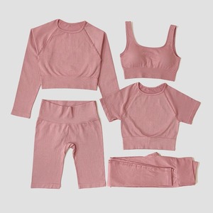 ชุดเล่นกีฬาของผู้หญิงชุดเล่นกีฬาแบบไร้ตะเข็บชุดเล่นกีฬาชุดเล่นยิมสปอร์ตบราเลกกิ้งใส่เล่นฟิตเนสเสื้อครอปท็อปแขนยาว - Product Image 5