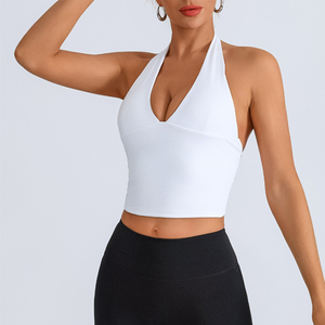Camiseta sin mangas de compresión con cuello Halter y Control de barriga en V profundo para mujer, camiseta de Fitness elástica ligera para pantalones cortos informales de primavera - Product Image 5