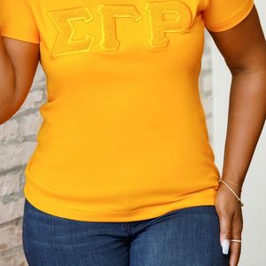 Solid <b>Gold</b> Chenille Tee Sigma Gamma Rho Sorority Apparel Greek <b>Letters</b> Embroidered <b>Gold</b> College Style Chenille Shirt - Product Image 3