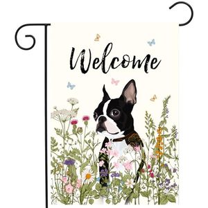 Drapeaux <span class=keywords><strong>de</strong></span> jardin pour chien Boston Terrier à motif floral, double face, en polyester, pliables, 12x18, petit bannière <span class=keywords><strong>de</strong></span> bienvenue extérieure pour le printemps et l'été - Product Image 2