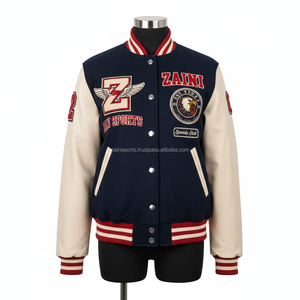 Chaqueta universitaria para mujer, tejido de mezcla de lana gruesa, Mangas de cuero, Blanco marino, logotipo bordado personalizado, chaqueta universitaria para mujer - Product Image 1