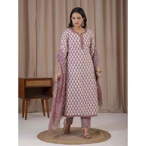 Traje Étnico de Kurta y Pantalón de Algodón con Estampado a Mano en Blanco y Rosa para Ocasiones Especiales - Anarkali Salwar - Product Image 6