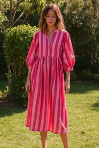 Tay khối in kyra Midi ăn mặc Bohemian bông phụ nữ chuỗi gần hơn ăn mặc mới sọc in Midi - Product Image 5