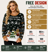 Pull de Noël moche personnalisé pour femme, motif Père Noël, tricot jacquard noir à manches longues, flocons de neige, village, fêtes, personnalisé OEM