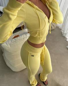 Streetwear tricoté en éponge française personnalisé pour femmes Impression bouffante Sweat à capuche zippé court Jogger Pantalon de survêtement Ensemble de survêtement Style de rue - Product Image 2