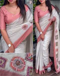 Elegante Tussar Cotton Saree Impresión digital Zari Jacquard Trabajo de espejo de mano que incluye pieza de blusa para especial indio pakistaní - Product Image 1