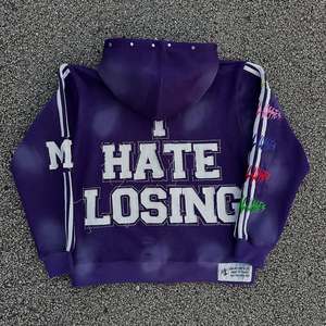 Customized Double Hood Vintage Wash Heavy Weight Distress Hem Zipper <b>Hoodie</b> Applique Embroidery Casual Oversized Men <b>Hoodie</b> - Product Image 5