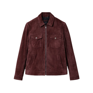 Lightweight Real Cowhide <b>Suede</b> Leather <b>Jacket</b> for Men with Stand Collar Front Logo Streetwear Style Waterproof & Eco-Friendly - Product Image 1