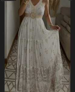 Robe Anarkali cousue en georgette unie pour femmes robe de mariage Boho Maxi robe blanche bohème pour les fêtes - Product Image 1