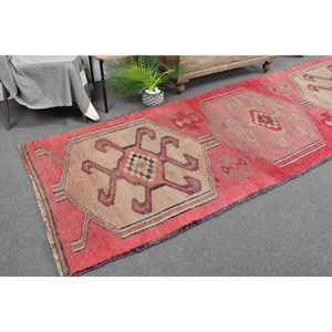 Alfombra de área de lana turca Vintage, diseño de retazos rojo y Beige, técnica de tejido plano de 3,4X10,6 pies para decoraciones de sala de estar - Product Image 1