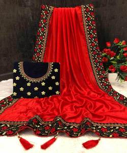 Couleur rose unie avec broderie Bordure en dentelle noire Saree en soie douce avec chemisier non cousu par Alphanumero Corporation Alphanumero - Product Image 3