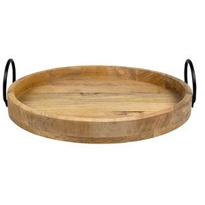 Plateau de service circulaire moderne en bois avec poignées en fer industriel - Plateau alimentaire en bois dur naturel de qualité supérieure pour hôtels et cafés - Product Image 1