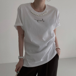 Camiseta informal de verano de talla XL para mujer, Camiseta holgada con detalle de perlas, cuello, lona transpirable, Top con estampado de letras, tejido no tejido, logotipo sólido - Product Image 4