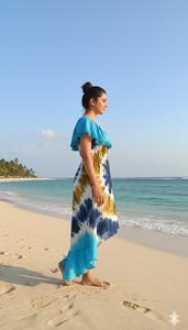 Vestido Midi Tie Dye Azul Turquesa con Cuello en V de Algodón para Verano, Estilo Boho para Vacaciones, Hecho a Mano en India, Cintura Natural, Corte en A - Product Image 3