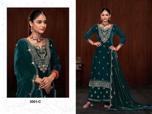 Costume Salwar Kameez en velours d'hiver de style fantaisie avec paillettes Design pakistanais pour les fêtes et les mariages - Product Image 4