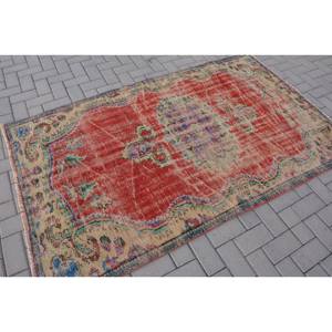 Tapis turc vintage grande surface 4.1 X 6.9ft classique rouge beige motif abstrait laine matériel 10mm Latex pour couloir chambre décor - Product Image 2