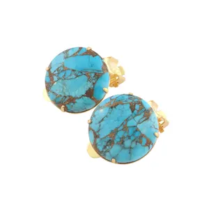 Fashion Jewelry Round Mohave Copper Turquoise Handmade Non Pierced Clip On Earrings Gold Plated Prong Set Mini Earrings Jewelry