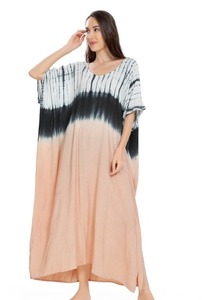 Maxi Kaftan Style Tie Dye <b>Dress</b>-100% Cotton Long Sleeve V-neck-A-Line Silhouette-Loose Fit Summer Beach Wear - Product Image 2