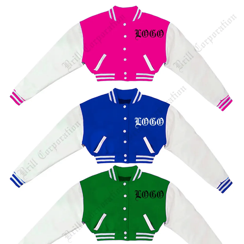 Fashion Women Cropped Varsity jackets custom logo / crop drop short varsity jackets leather sleeves