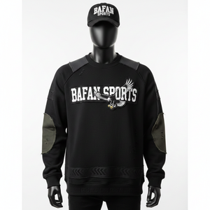 Sweat-shirt pour homme en molleton de coton haute densité 320 GSM, noir olive, panneau de manche renforcé, logo appliqué, sweat-shirts basiques - Product Image 6