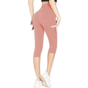 Leggings capri taille haute pour femmes pantalons de yoga de contrôle du ventre doux fermeture à la taille élastique motif solide collants d'entraînement au genou - Product Image 3