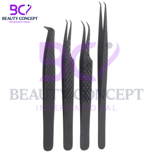 Set of 4 Pcs Black With Texture Design Diamond Grip Eyelash Extension Tweezers Best Quality Eyelash Extension Grafted Tweezers - Product Image 2