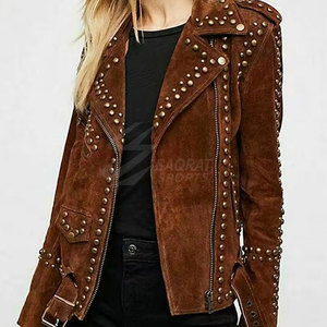 Veste à clous en cuir pour femmes, couleur unie, fermeture éclair complète, qualité supérieure, veste d'hiver légère pour femmes à bas prix - Product Image 5