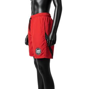 Shorts cortavientos para mujer, tela suave de poliéster tejido, secado rápido, paneles rojos y negros, logo impreso con calor. - Product Image 3