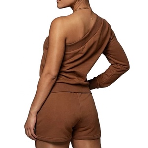 Chándal de un solo hombro para mujer, ropa de salón de algodón, sudadera, conjunto corto sexy, 2022 - Product Image 3