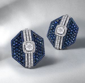 Premium <b>Blue</b> Hexagon <b>Stud</b> Moissanite Diamond <b>Earring</b> With 925 Sterling Silver IGI Certified Party Wear American Diamond - Product Image 1