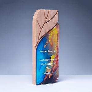 Wooden Crystal Award Stele with UV Printed Graphics Silver Glass <b>Plaque</b> for Tradeshow Giveaways and Welcome Gifts - Product Image 2