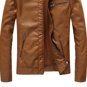 เสื้อแจ็คเก็ตหนังผู้ชายสำหรับฤดูหนาว สีน้ำตาล คอตั้ง ซิปหน้า ทำจากหนังแกะ มีกระเป๋าซิป - Product Image 6