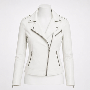 Premium <b>Women's</b> <b>White</b> PU Leather Moto <b>Jacket</b> Studded Lapel Collar Asymmetric Zipper Biker Style Spring/Winter Wear Waterproof - Product Image 1