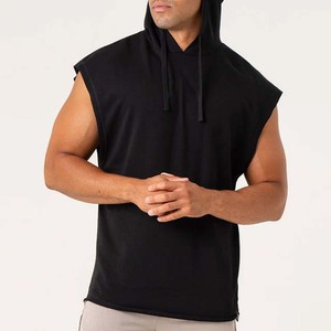 Gilet sans manches à capuche pour homme, noir uni, en coton, décontracté, coupe classique, tricoté, respirant - Product Image 3