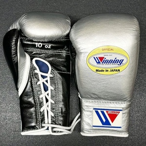 Premium Quality Genuine Cowhide Leather Winning Black Silver Sparring Laced Boxing Gloves Breathable Moisture Wicking - Product Image 1