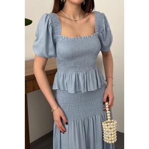 Blue Smocked <b>Linen</b> Set - Blue - Product Image 4