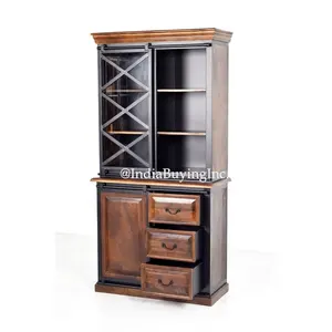 Vintage Style Double Part Cabinet Solid Mango Wood and Iron Frame Storage Cabinet with Drawers and Doors for Home Living Room